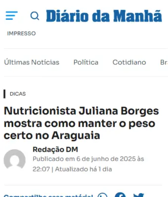Matéria sobre a nutricionista online Juliana Borges no Diário da Manhã
